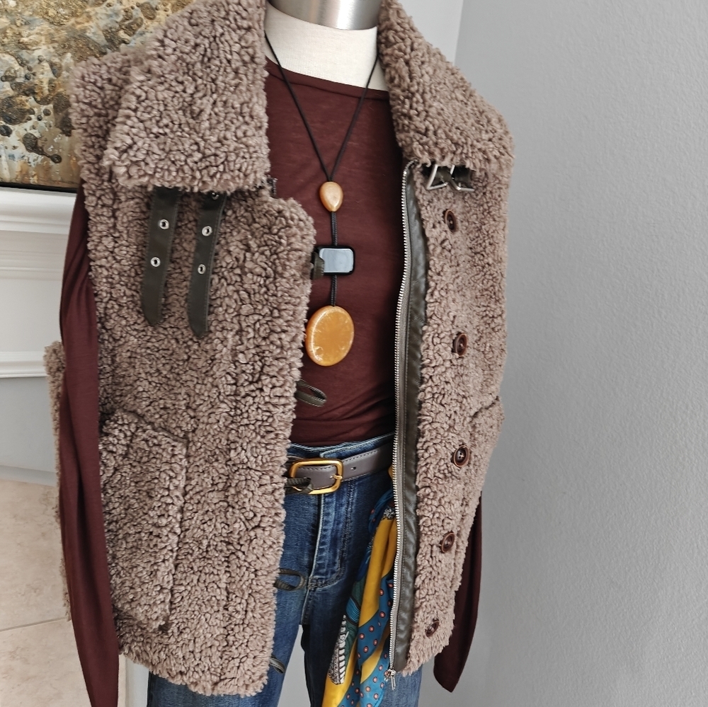 Brown Faux Shearling Vest with Buckle Detail